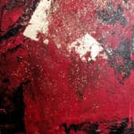 Original abstract oil painting in crimson red and black with gold leaf accents by Maan Y Artdez Studio