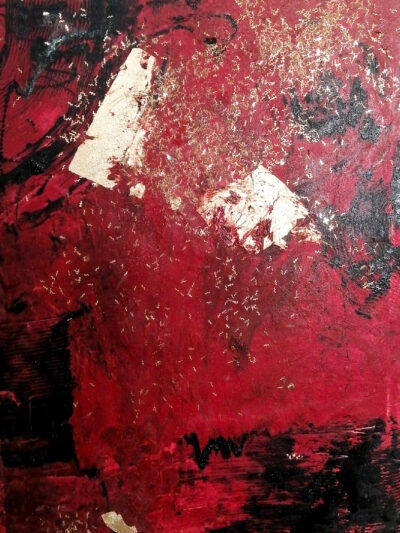 Original abstract oil painting in crimson red and black with gold leaf accents by Maan Y Artdez Studio
