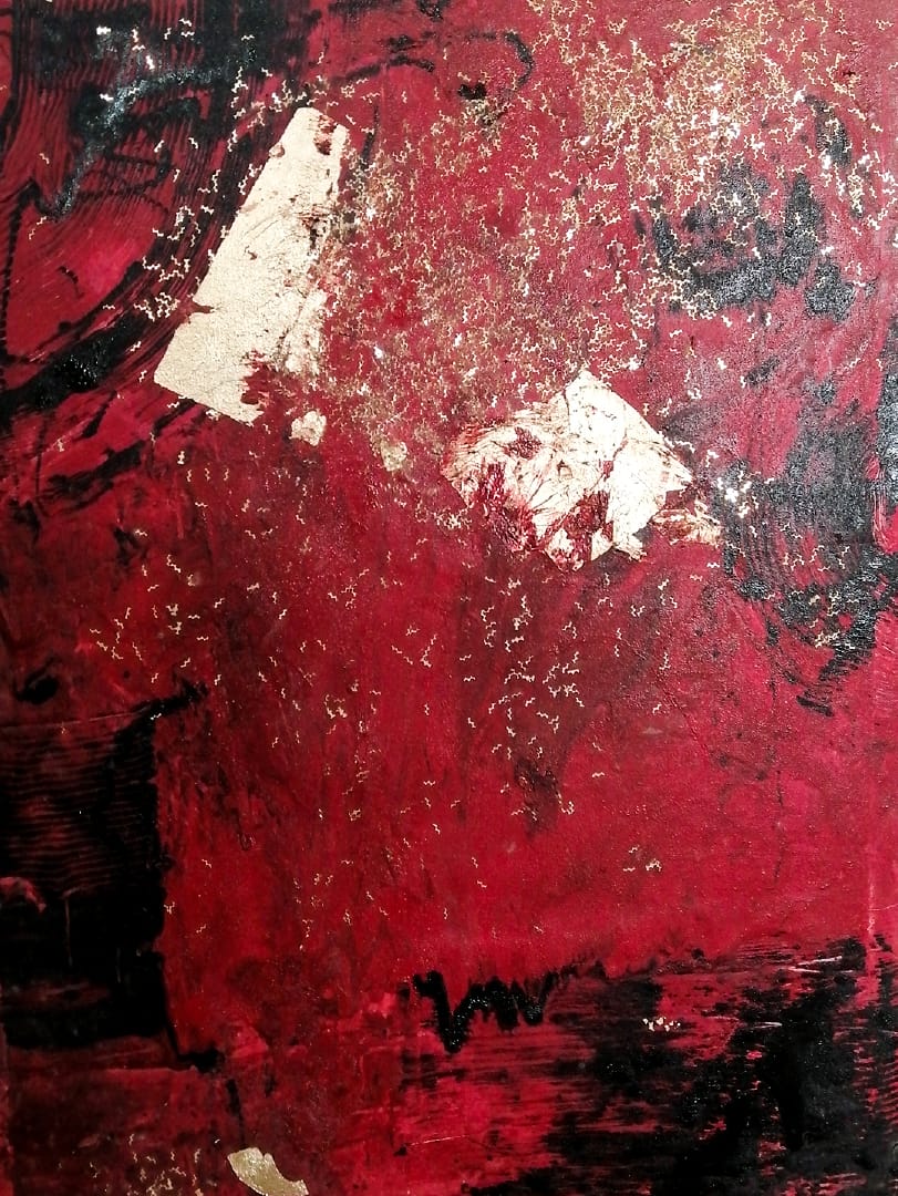 Original abstract oil painting in crimson red and black with gold leaf accents by Maan Y Artdez Studio