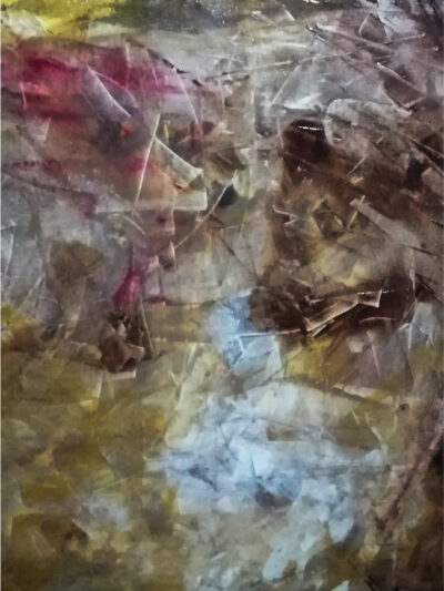 Original abstract oil painting with fragmented layers of gold, mauve, brown, and pale blue light — 24x36 inches, sold original by Artdez Studio