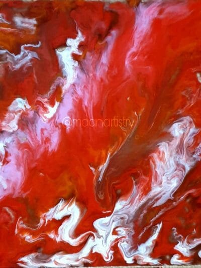 A powerful and expressive acrylic pour painting dominated by rich crimson red