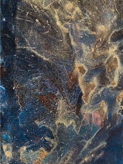 Abstract dark painting where depth lives in the spaces where light scratches