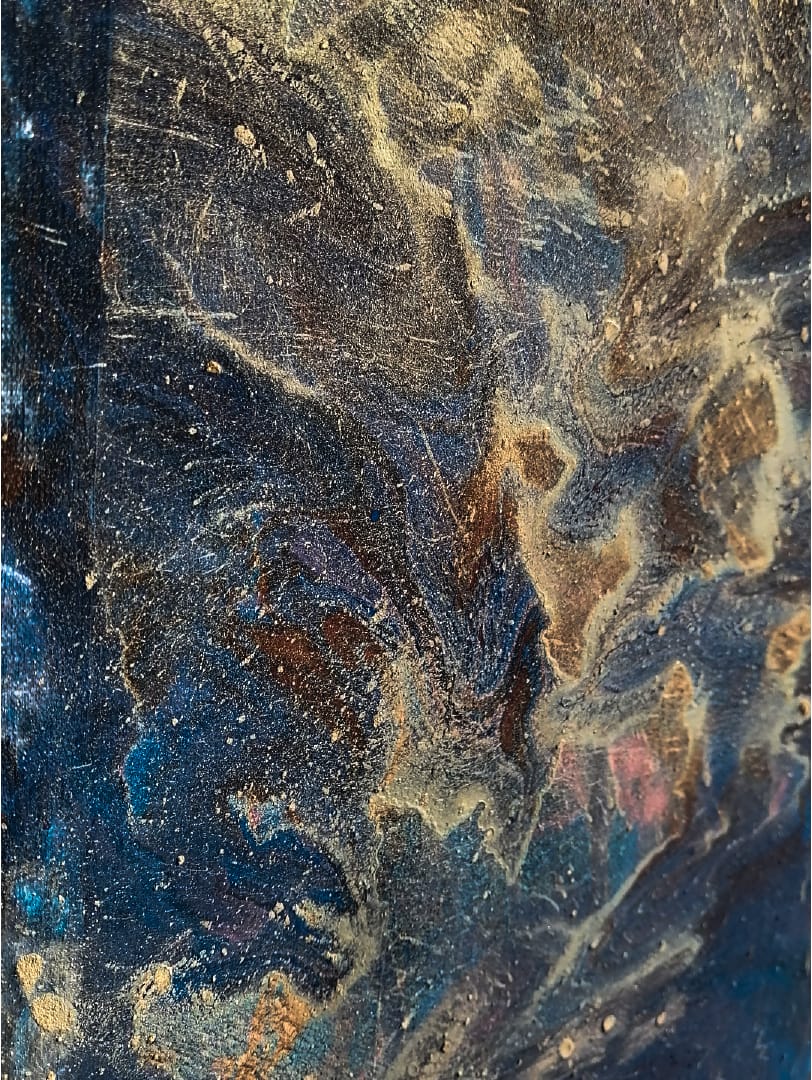 Abstract dark painting where depth lives in the spaces where light scratches