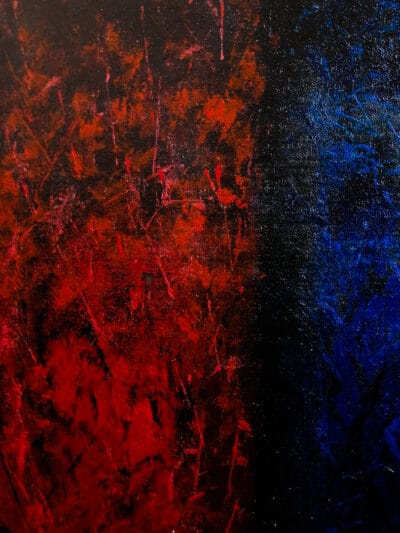 Bold abstract painting where fire and ice collide within vibrant colors
