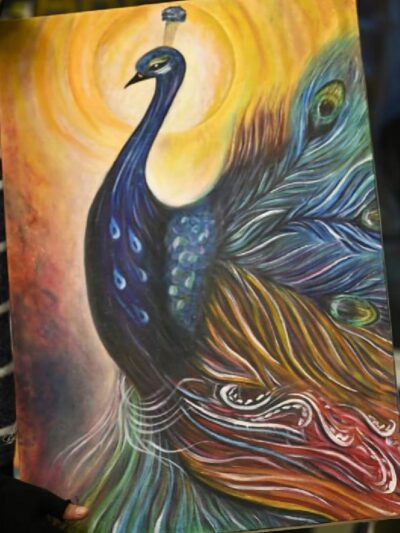 Colorful peacock inspired painting where glory unfolds in every feather