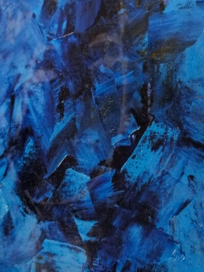 Dynamic abstract painting of a midnight storm tearing through shades of blue