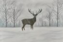 Minimalist winter painting of silence standing still in snow with a deer
