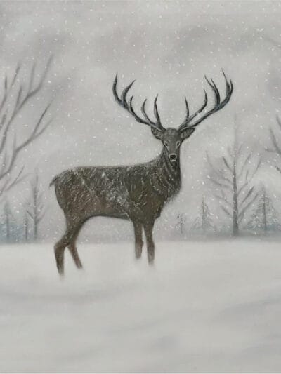 Minimalist winter painting of silence standing still in snow with a deer