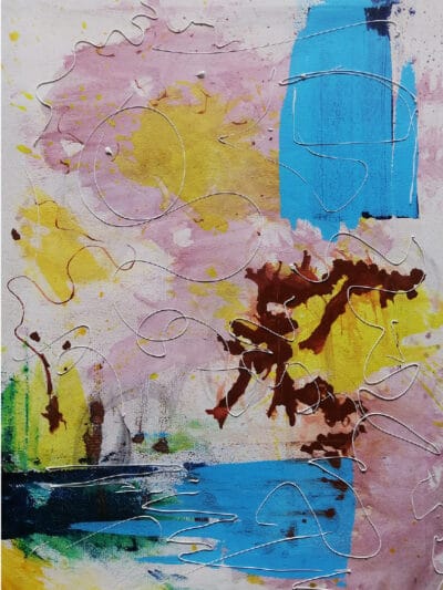 Abstract expressionist painting of tangled thoughts set free above in color