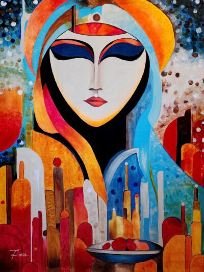 Colorful acrylic painting of a mystical woman in blue and orange robes holding a bowl, surrounded by an abstract vibrant cityscape, by artist Tabish R