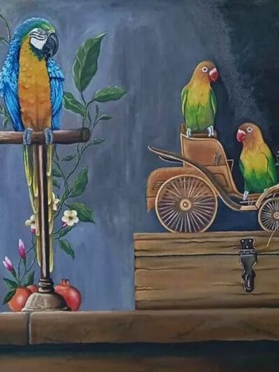 Original oil painting of a macaw and two lovebirds with a vintage wooden cart and tropical flowers on a dark background