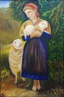 Original oil painting of a young woman cradling a lamb with care in a nature setting