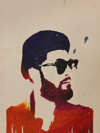 Bold portrait painting of a man behind the shade with strong graphic style