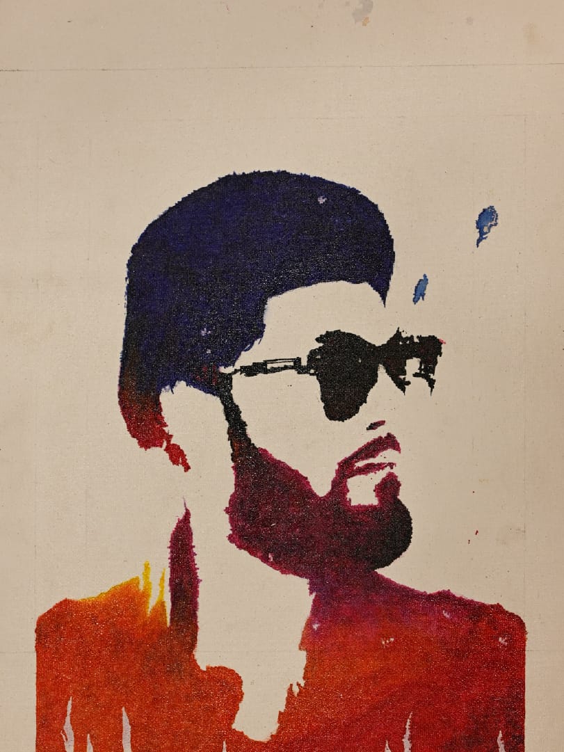 Bold portrait painting of a man behind the shade with strong graphic style