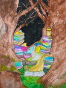 Artistic painting of a tree library with colorful abstract foliage