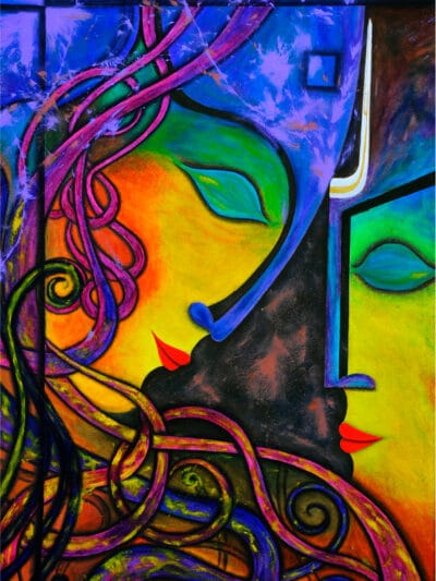 Expressive portrait painting of two souls sharing one silent gaze