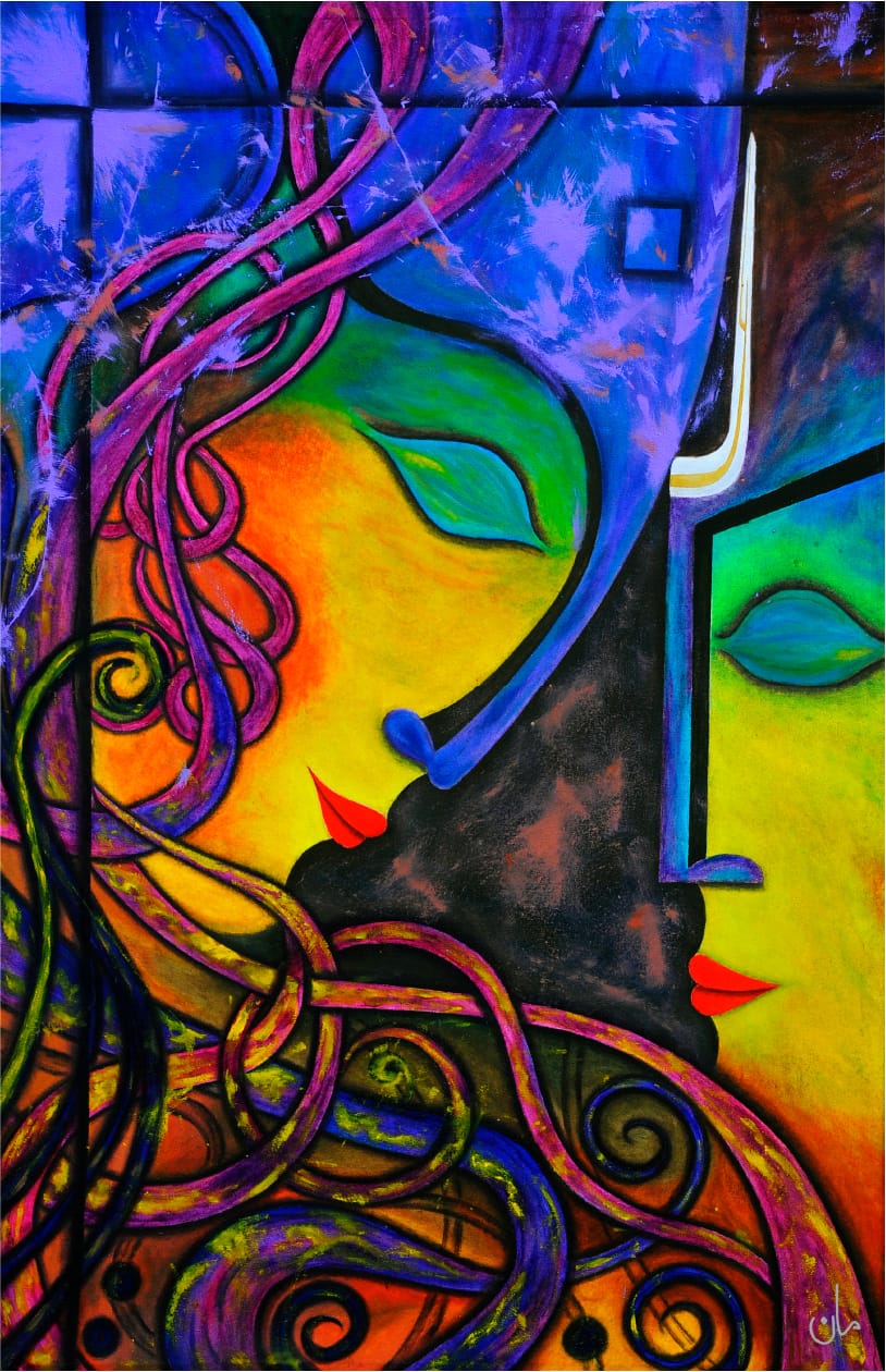 Expressive portrait painting of two souls sharing one silent gaze
